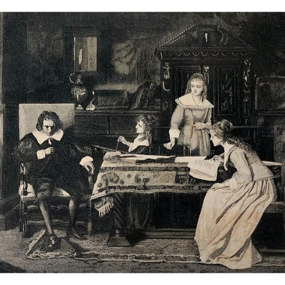 1881 Engraving Blind Milton Dictates Paradise Lost To Daughters Victorian DWQQ18